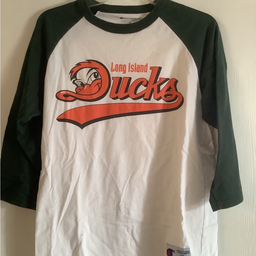Champion Long Island Ducks White and Green Raglan Tee with Orange Logo